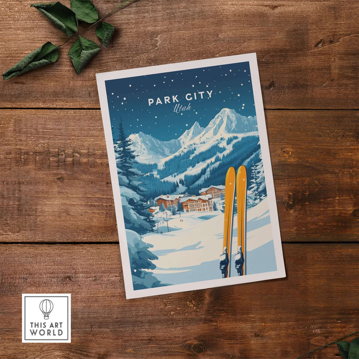 Park City Ski Wall Art Print featuring snowy mountains and vintage ski gear, capturing Utah's alpine beauty and adventure.