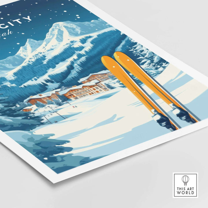 Vibrant Park City ski wall art print showcasing snowy mountains and orange skis, perfect for ski enthusiasts.