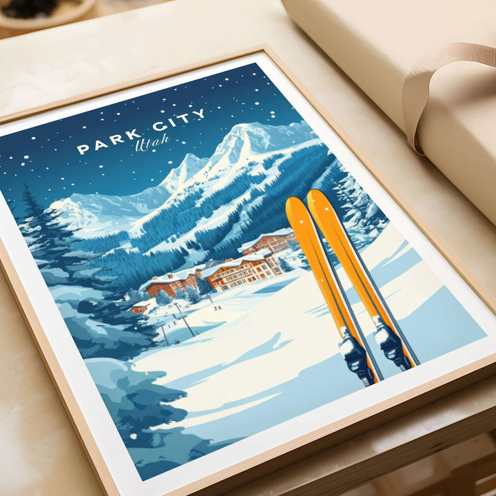 Park City ski wall art print featuring vibrant mountains and skis, capturing Utah's adventurous spirit and winter beauty.