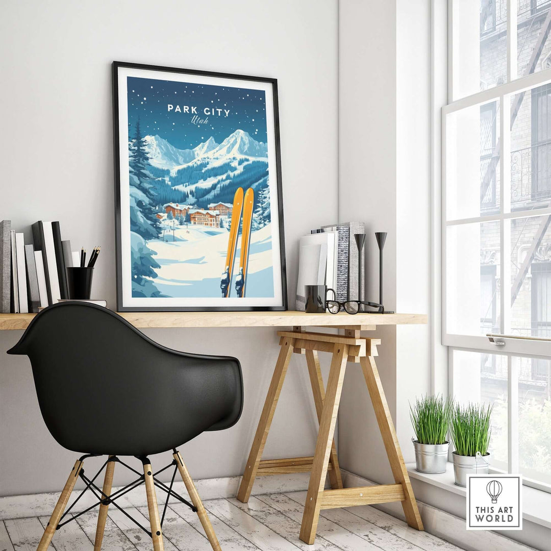 Park City ski wall art print displayed in a modern workspace, featuring snow-covered mountains and vintage ski gear.