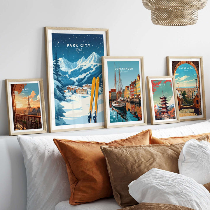 Park City ski wall art print displayed with other travel prints, adding vibrant decor to a cozy living space.