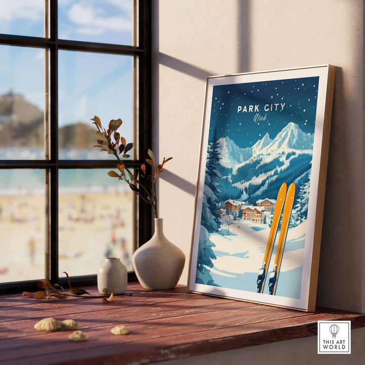 Vibrant Park City ski wall art print showcasing mountains and skis, perfect for ski enthusiasts in Utah's scenic setting.