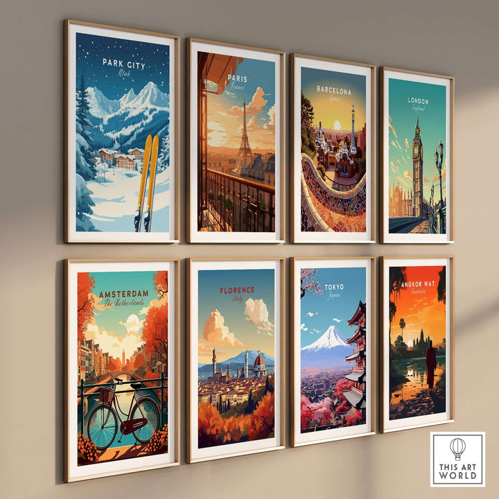 Colorful wall art prints featuring iconic cities like Park City, Paris, and Tokyo, perfect for travel enthusiasts.