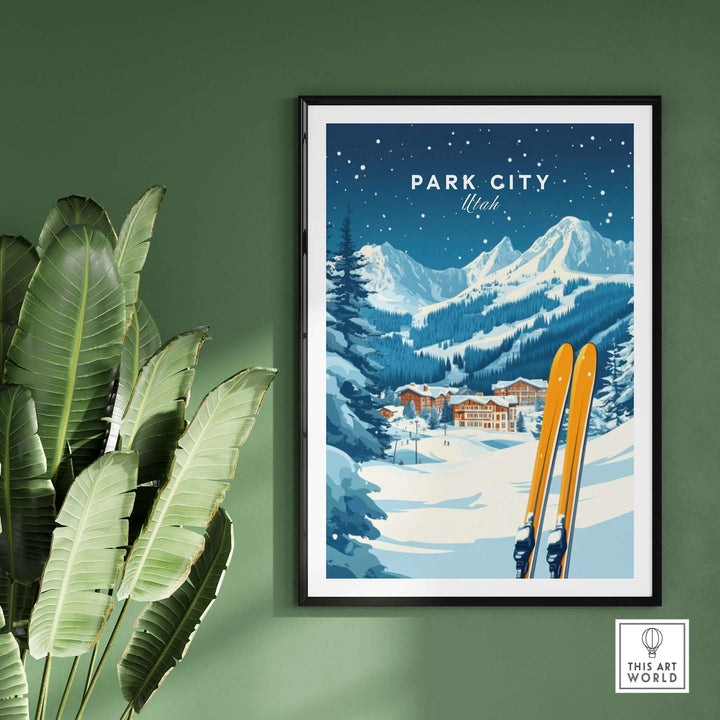 Park City ski wall art print featuring vibrant mountains and skis, perfect for winter enthusiasts and home decor.