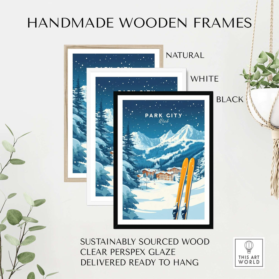 Handmade wooden frames in natural, white, and black colors, featuring Park City ski wall art print for easy hanging.