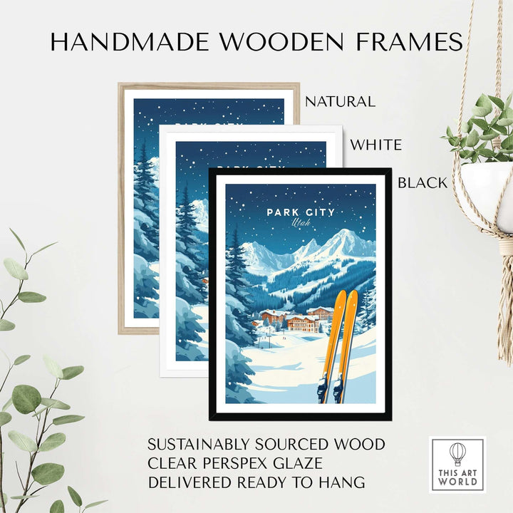 Handmade wooden frames in natural, white, and black colors, featuring Park City ski wall art print for easy hanging.