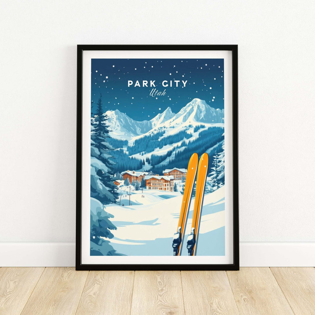 Vibrant Park City ski wall art print featuring snowy mountains and skis, ideal for ski enthusiasts and home decor.