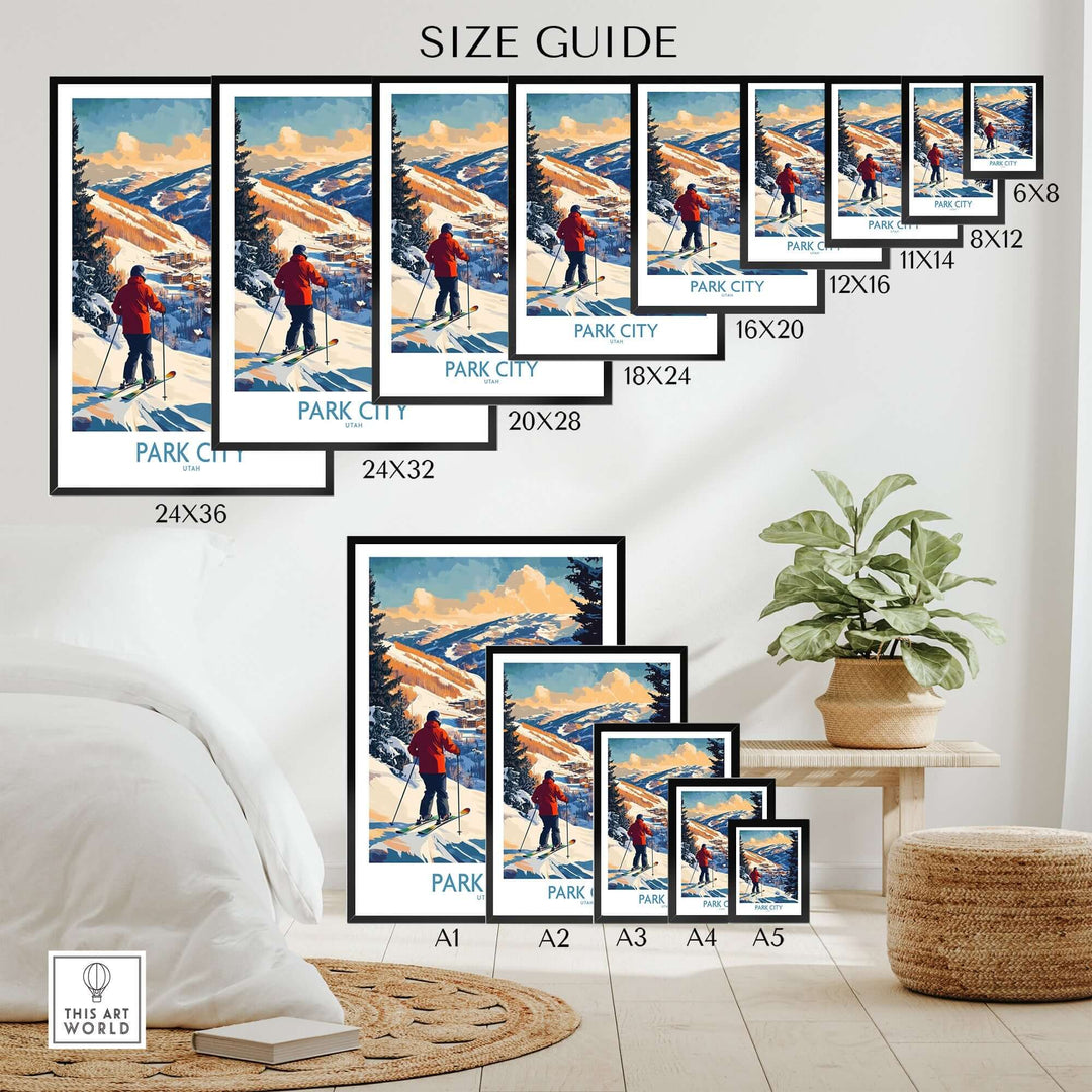 Park City Ski Wall Art Size Guide with various frame options displayed in a cozy room setting. Perfect for ski enthusiasts.