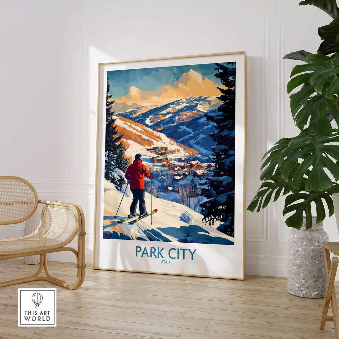 Park City ski wall art poster featuring a skier and scenic mountain backdrop, perfect for winter decor enthusiasts.