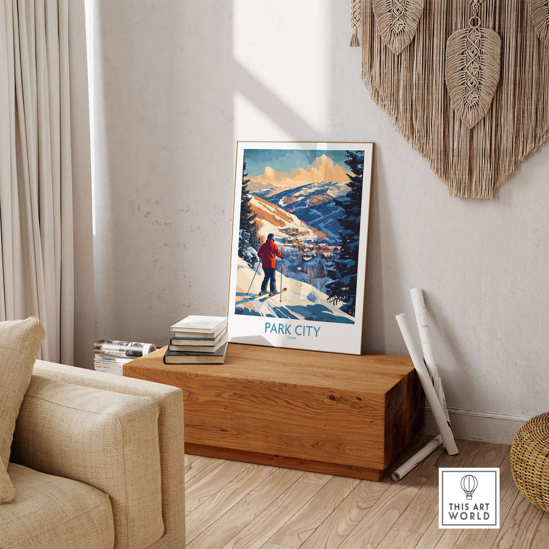 Park City Ski Wall Art poster showcasing a skier in a scenic winter landscape, adding charm to any home décor.