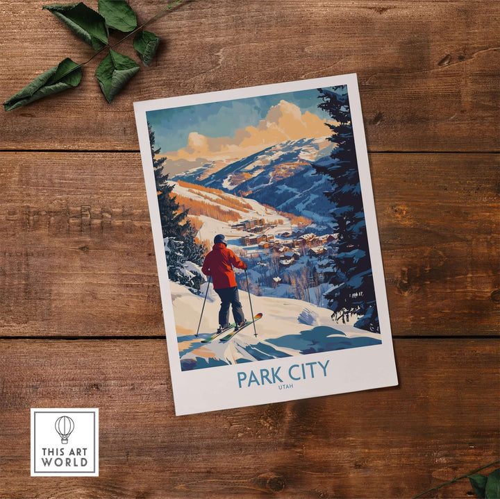 Park City ski wall art poster showcasing a skier in a serene winter landscape, perfect for enhancing home decor.