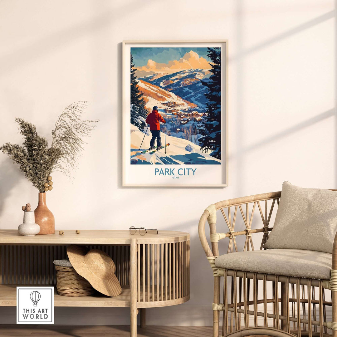 Park City Ski Wall Art poster displayed in a cozy living room, featuring winter scenery and a skier in a vibrant color palette.