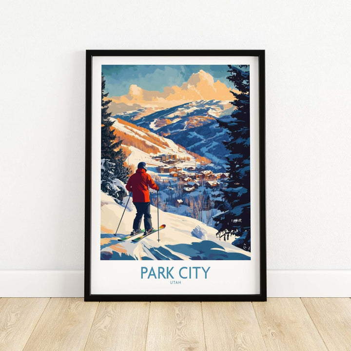 Park City ski wall art poster featuring a skier in a winter landscape, perfect for ski enthusiasts and home decor.