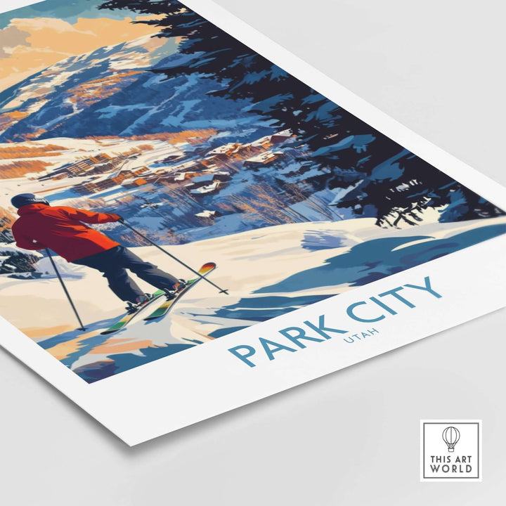 Park City ski poster featuring a skier overlooking snowy mountains, ideal for winter decor and ski enthusiasts.