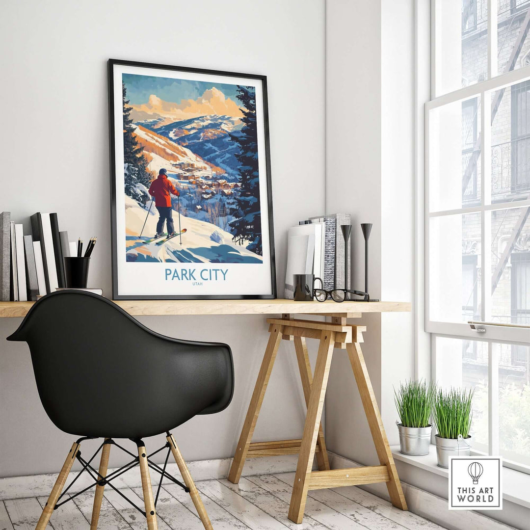 Park City Ski Wall Art poster displayed in a modern workspace, enhancing winter decor and ski enthusiasts' spaces.