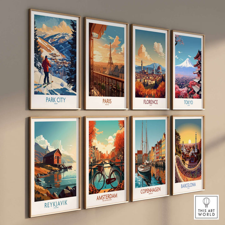 Collection of travel posters featuring Park City, Paris, Florence, Tokyo, Reykjavik, Amsterdam, Copenhagen, and Barcelona.