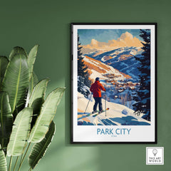 Park City Ski Wall Art poster featuring a skier in a snowy landscape, perfect for winter decor and ski enthusiasts.