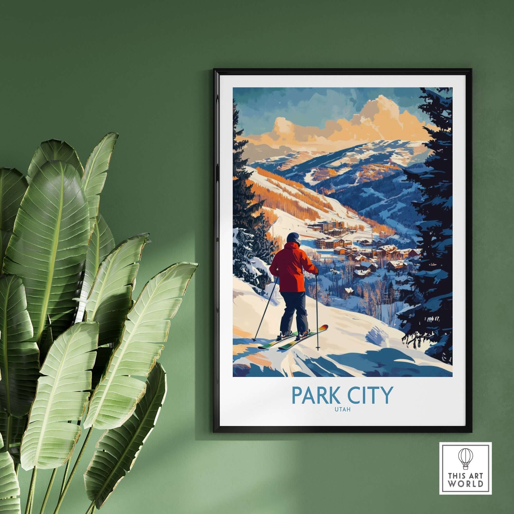 Park City Ski Wall Art poster featuring a skier in a snowy landscape, perfect for winter decor and ski enthusiasts.