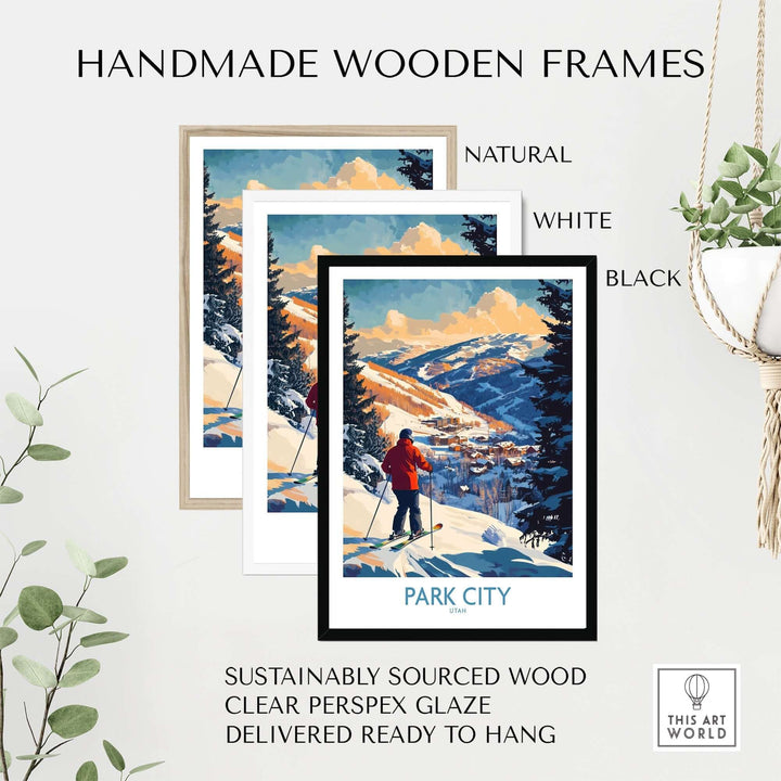 Handmade wooden frames in natural, white, and black for Park City ski wall art, sustainably sourced and ready to hang.