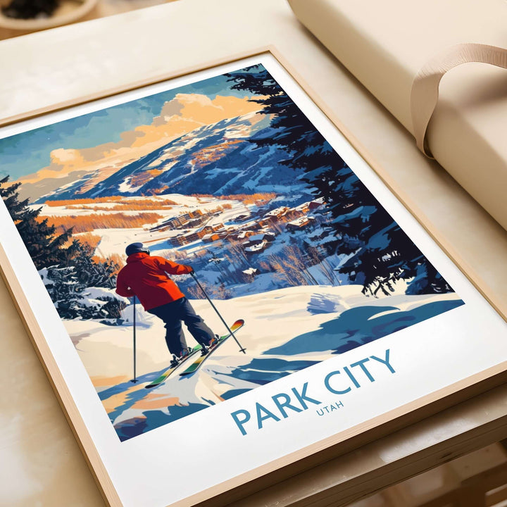 Park City Ski Wall Art poster featuring a skier on snowy slopes with mountain views, perfect for ski enthusiasts.