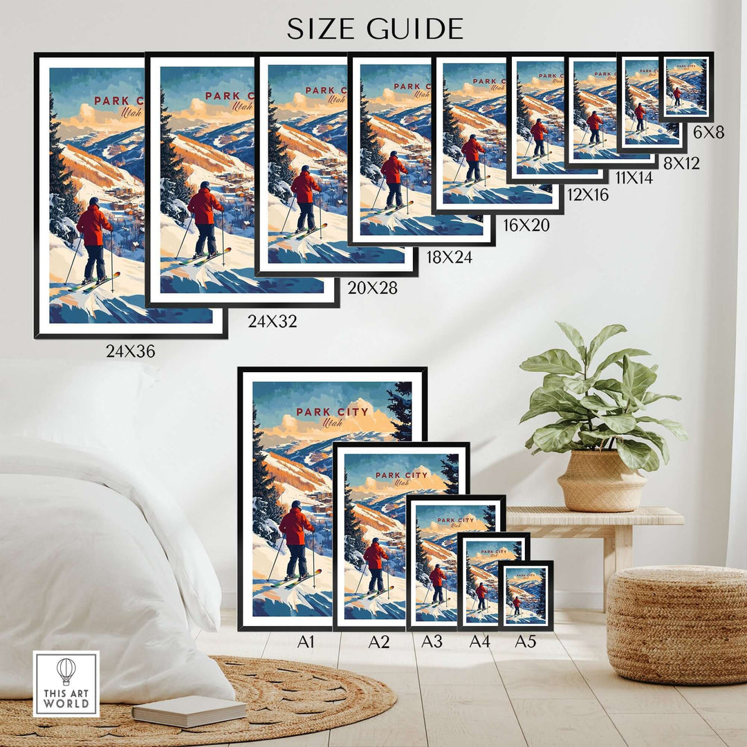 Park City Ski Wall Art size guide display showcasing various frame sizes in a modern living room setting.