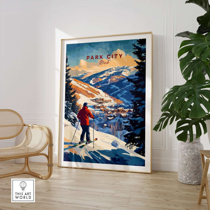 Park City Ski Wall Art Print featuring a skier in vibrant landscape, ideal for home decor and ski enthusiasts.