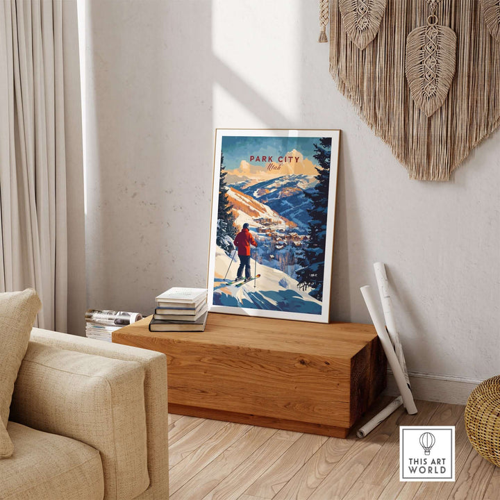 Park City Ski Wall Art print displayed in a cozy living room setting, showcasing a skier amidst snowy mountains.