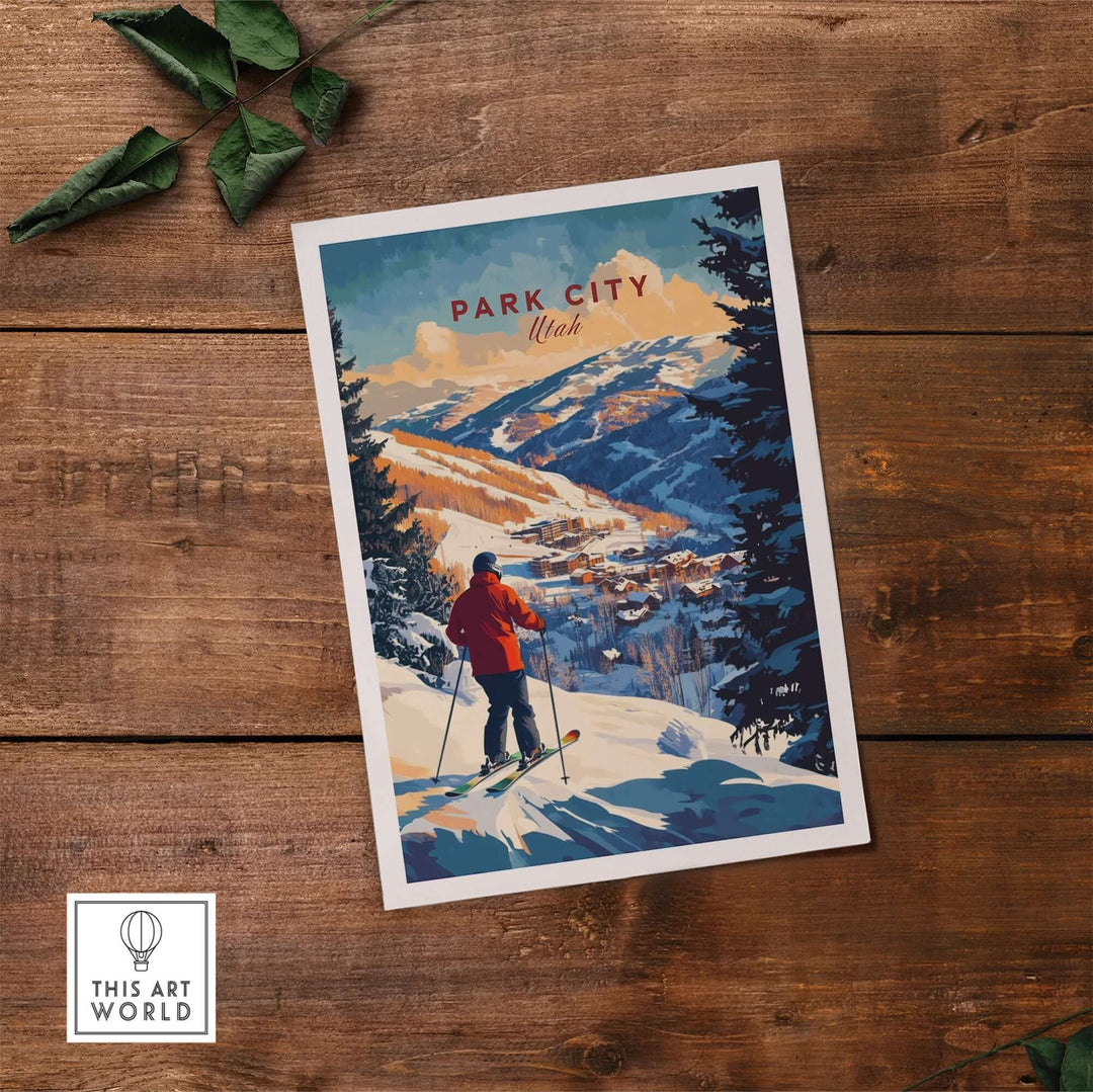 Park City Ski Wall Art Ski Print featuring a skier on a snowy mountain landscape, perfect for ski enthusiasts and home decor.