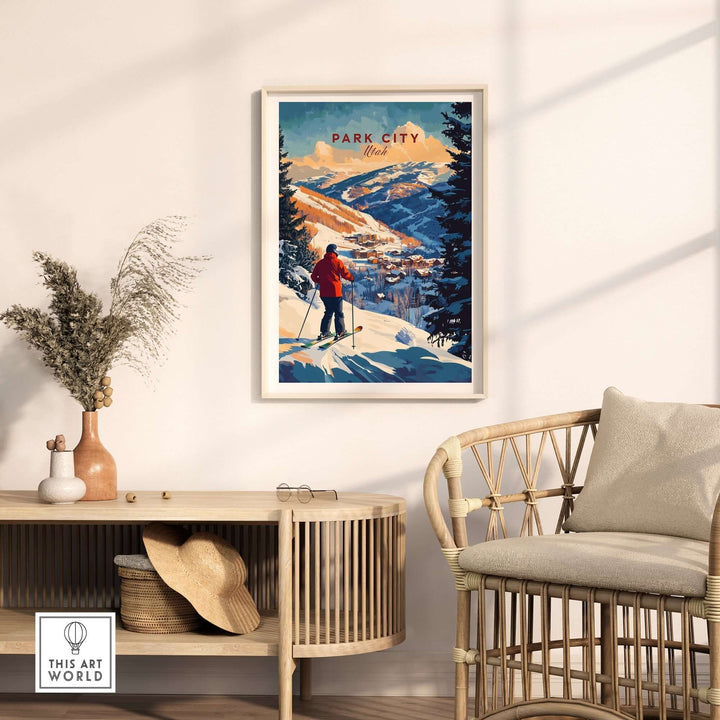 Park City Ski Wall Art print displayed in a cozy living room, showcasing a skier and beautiful snowy mountains.