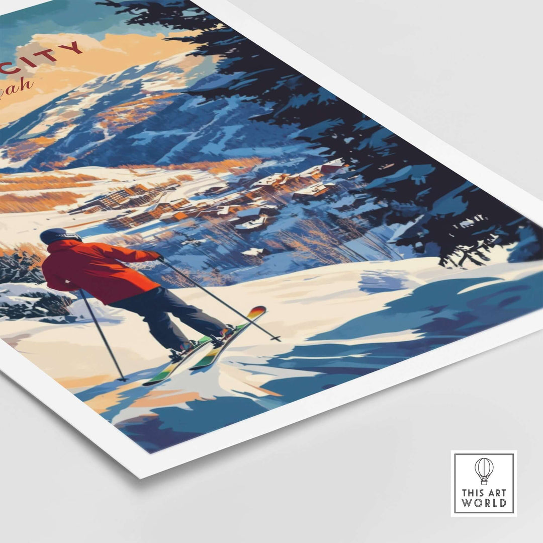 Park City ski wall art print featuring a skier against a stunning mountain backdrop in vibrant colors.