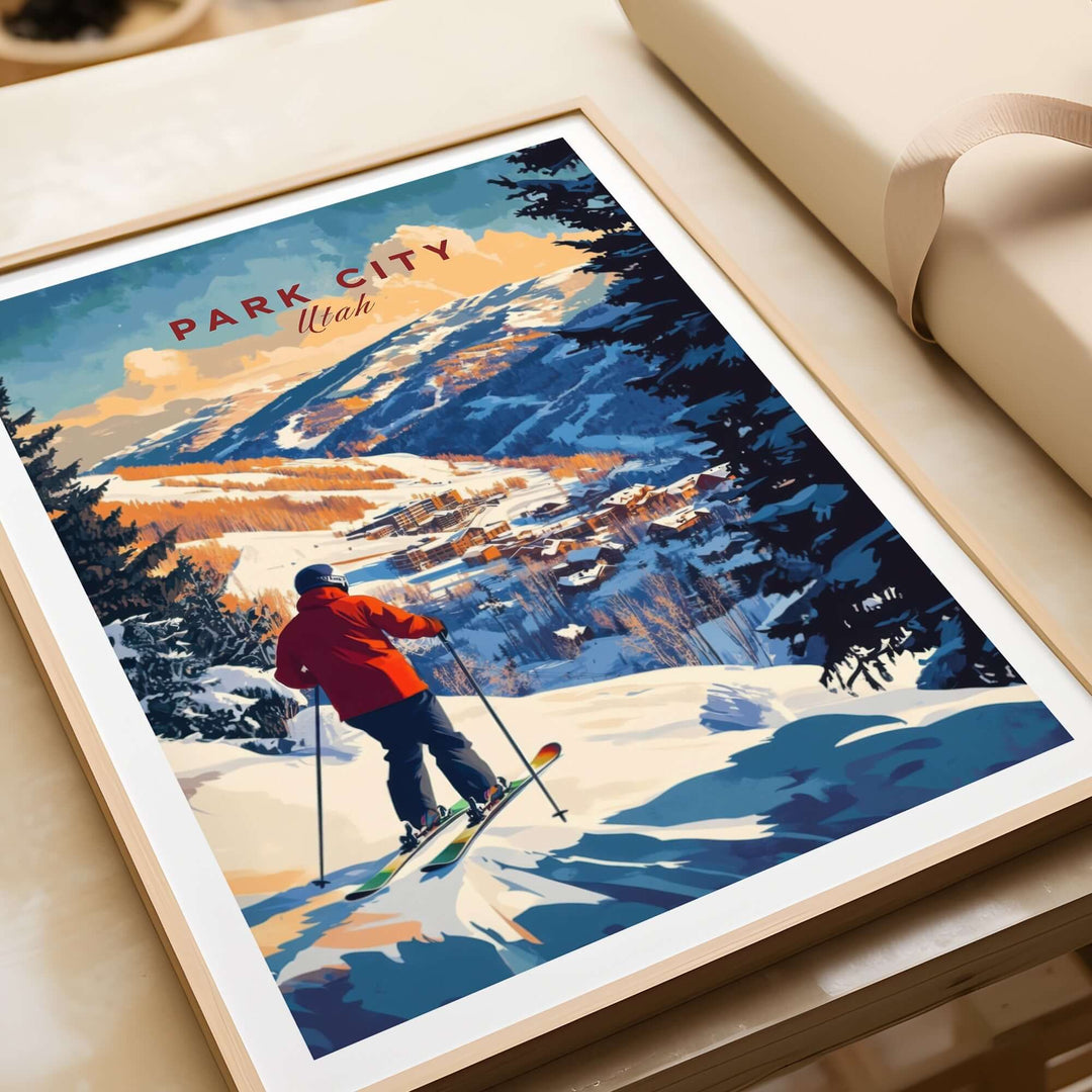 Park City Ski Wall Art print featuring a skier on a snowy mountain with vibrant colors and scenic background.