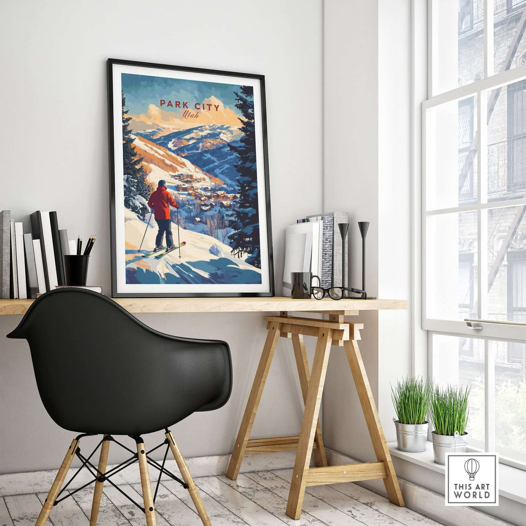 Park City ski wall art print displayed in a modern office setting with a cozy desk and chair. Perfect for ski enthusiasts.