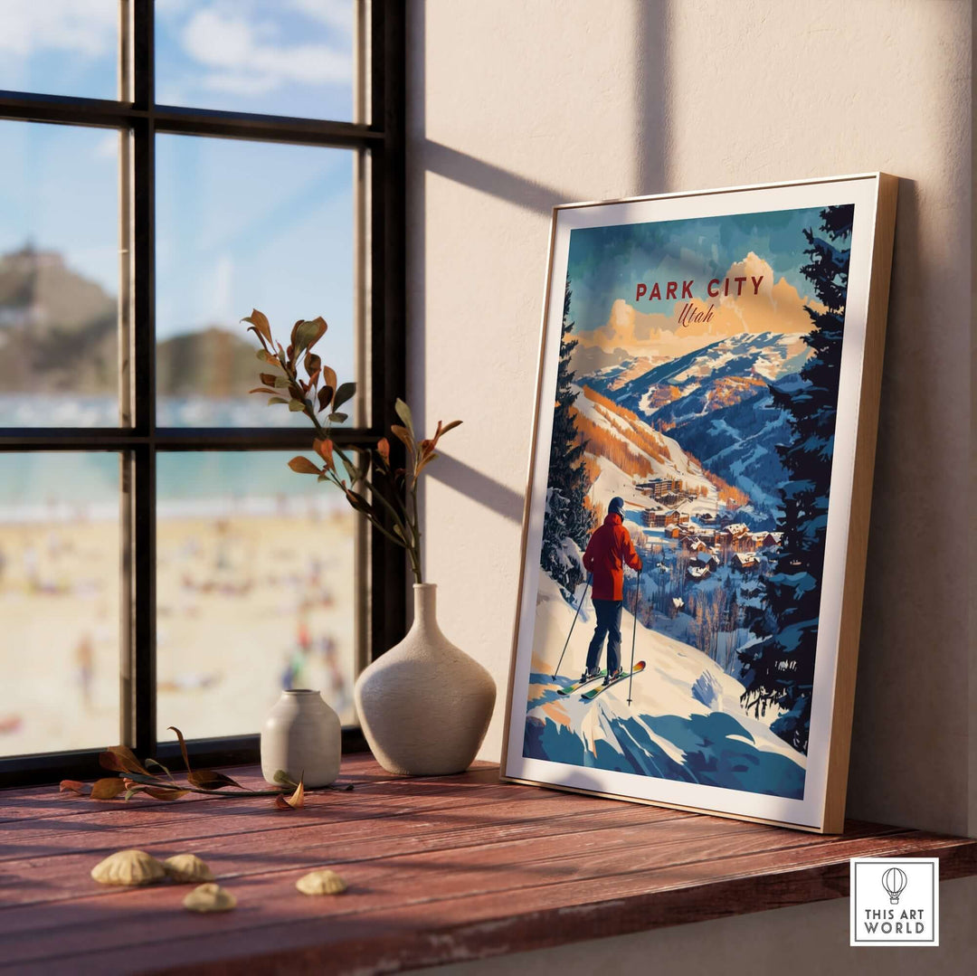 Park City Ski Wall Art featuring a skier in a vibrant winter landscape, perfect for adding adventure to any room.