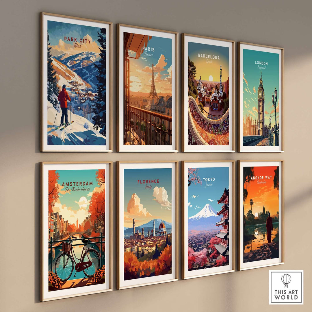 Park City Ski Wall Art print alongside travel art from Paris, Barcelona, London, Amsterdam, Florence, Tokyo, and Angkor Wat.