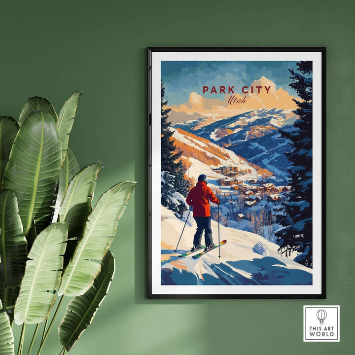 Park City Ski Wall Art print featuring a skier on snowy mountains, perfect for ski enthusiasts and adventure lovers.