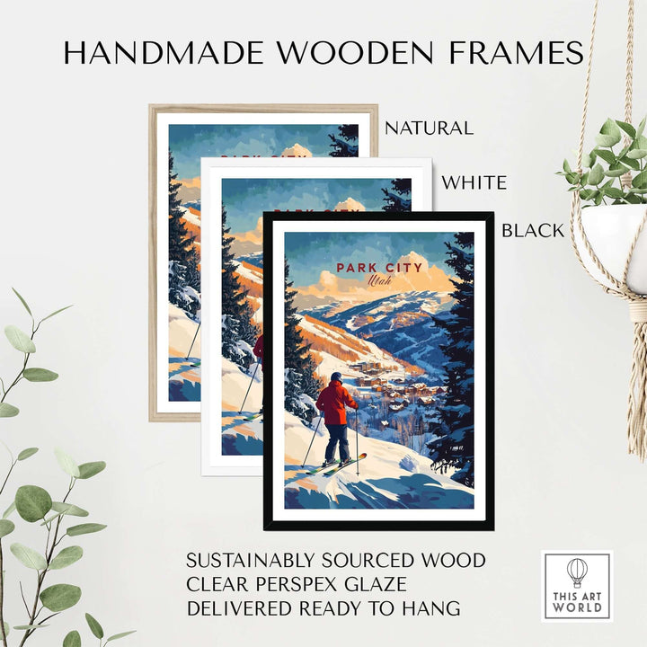 Handmade wooden frames in natural, white, and black styles for Park City ski wall art, crafted from sustainably sourced wood.