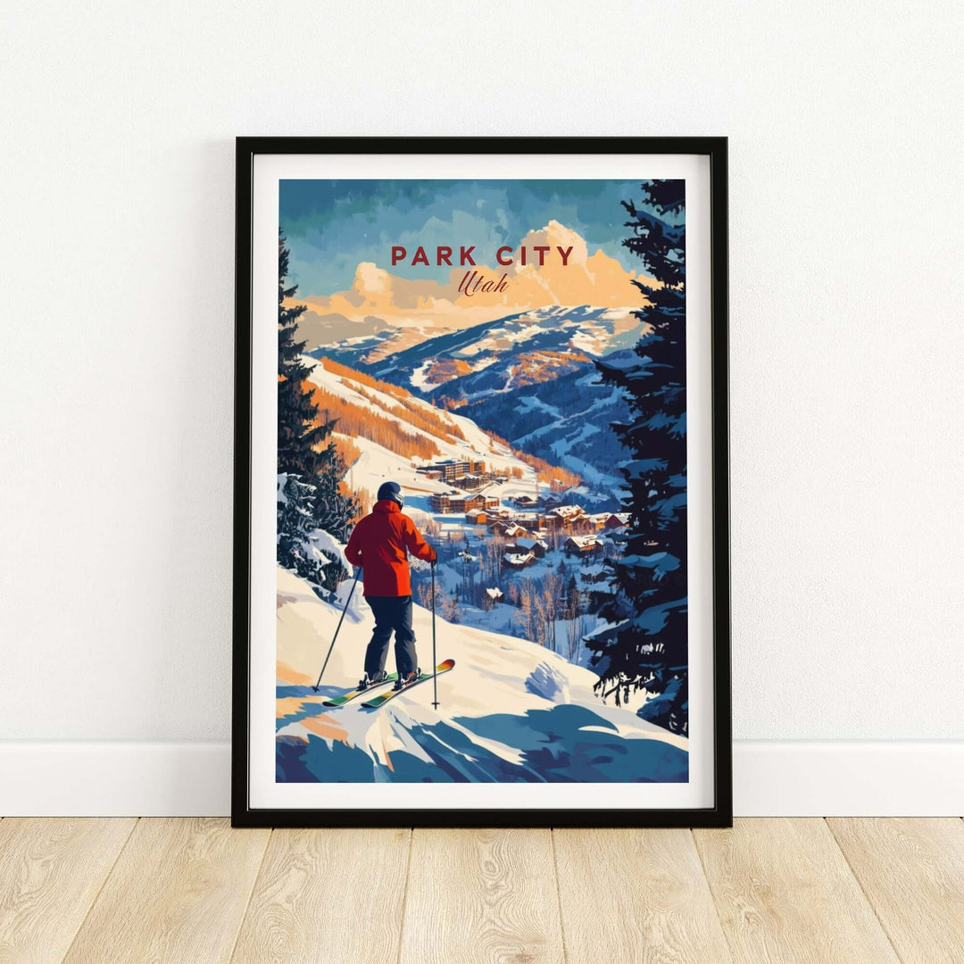 Park City ski wall art print featuring a skier overlooking mountains and snowy landscape, perfect for any ski enthusiast's decor.