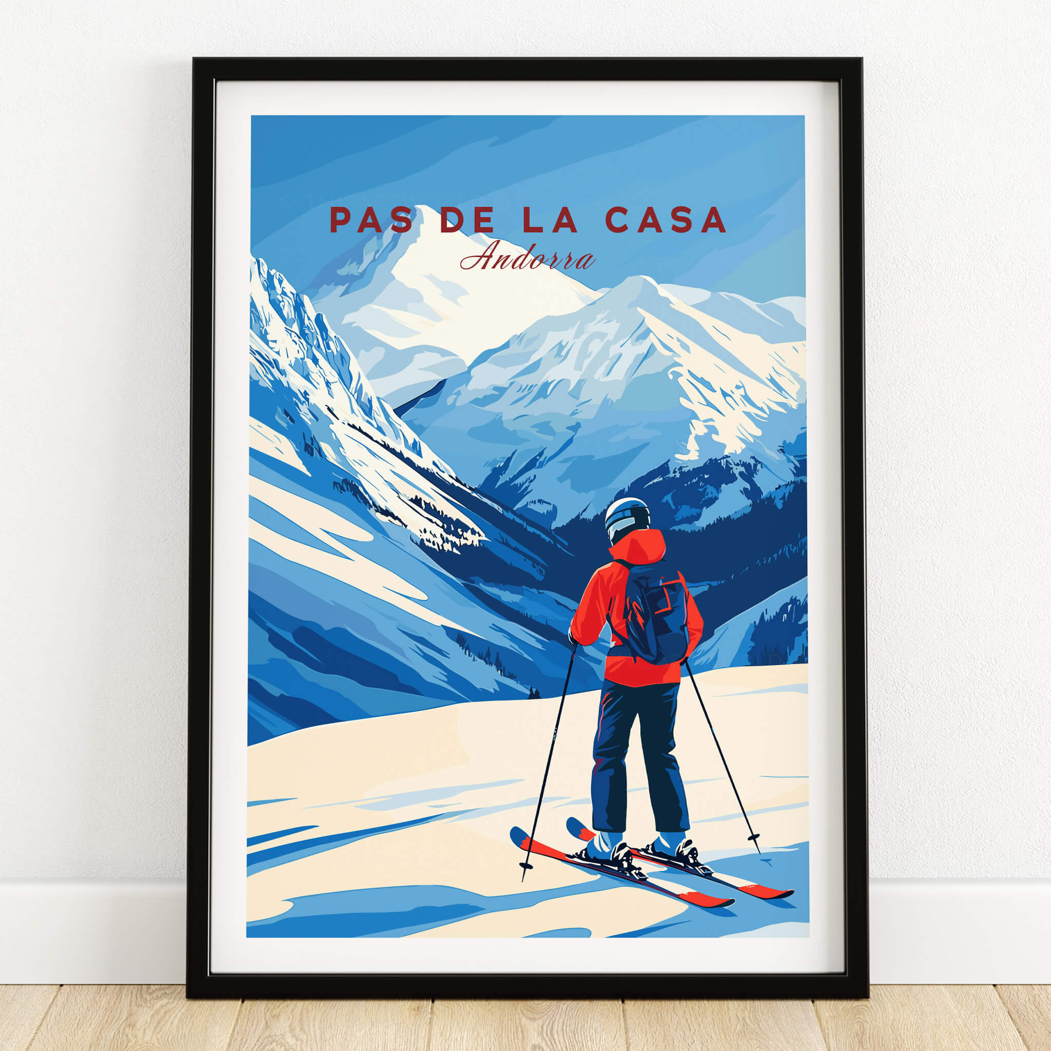 Pas de la Casa Grandvalira Ski Print | Winter Sports Wall Decor featuring a skier overlooking snowy mountains.