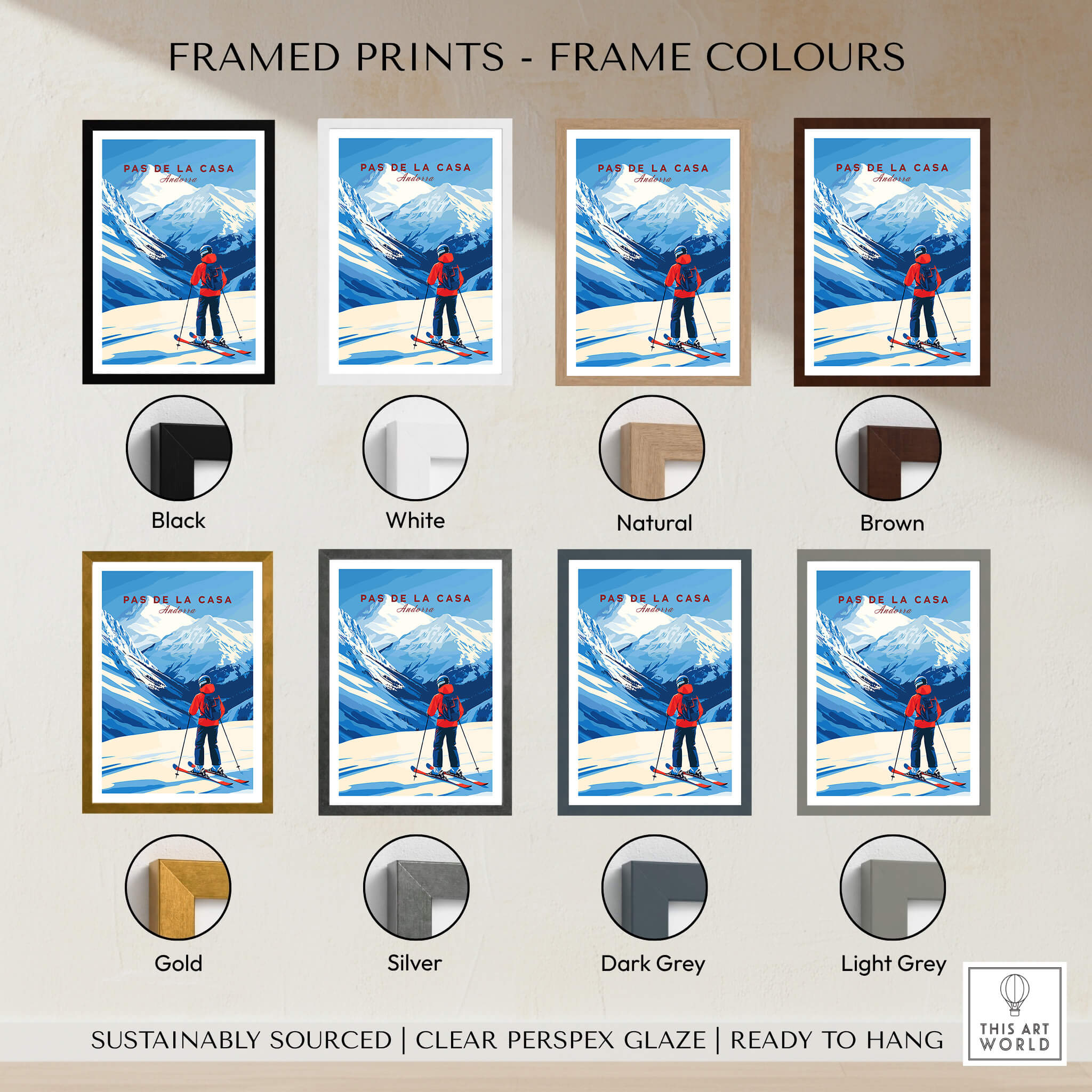 Framed prints of Pas de la Casa Grandvalira Ski Print | Winter Sports Wall Decor in various frame colors.