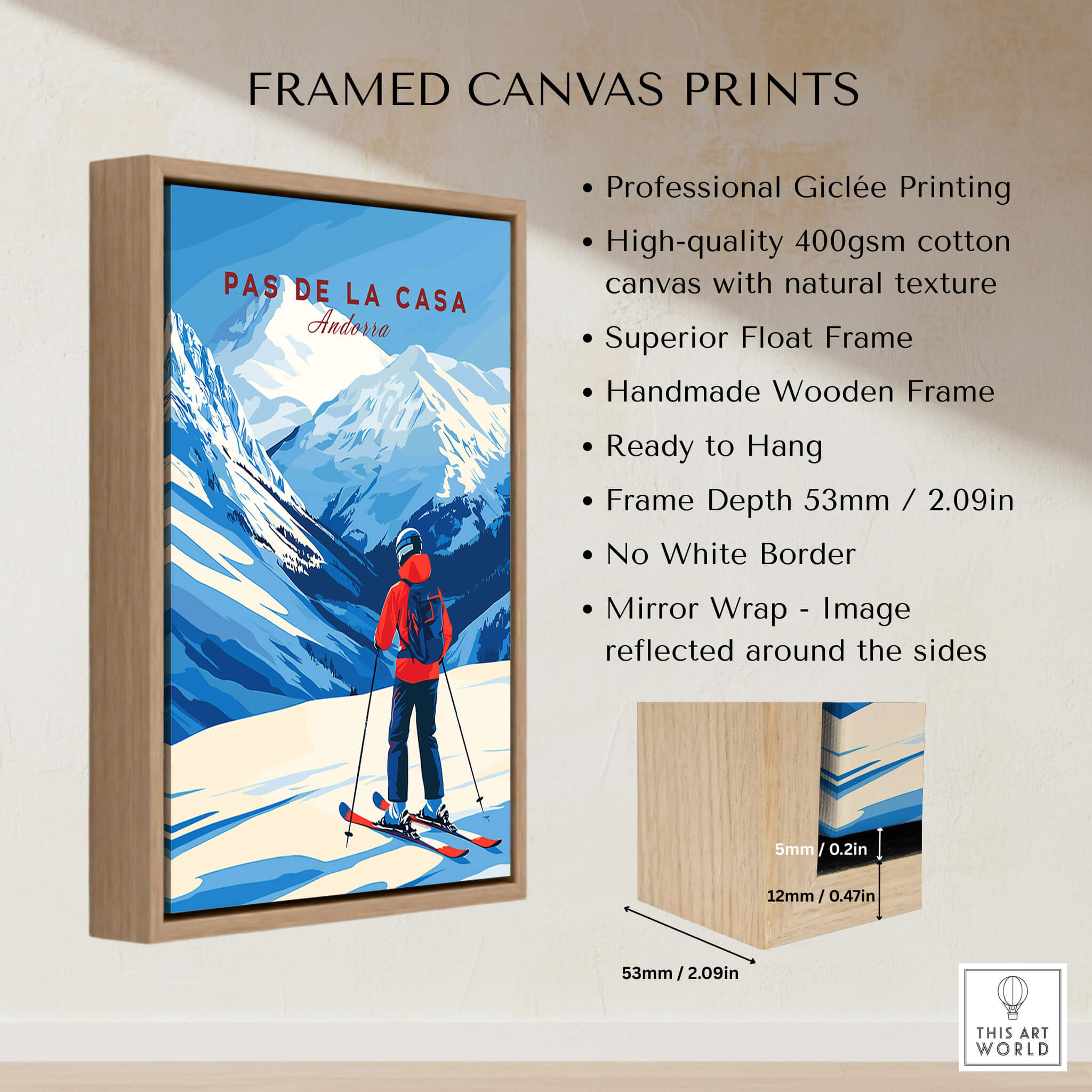 Pas de la Casa Grandvalira Ski Print | Winter Sports Wall Decor displayed in a framed canvas format with mountain scenery.