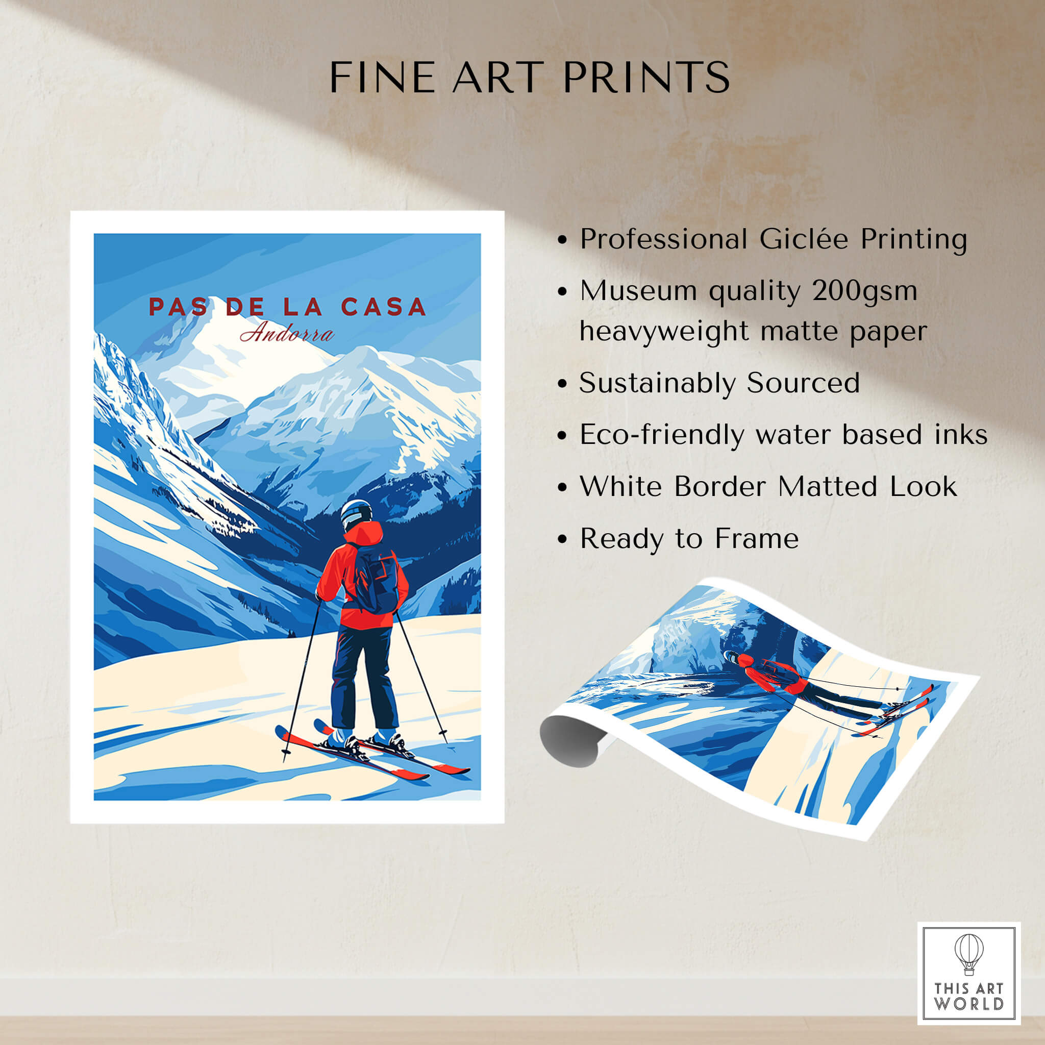 Pas de la Casa Grandvalira Ski Print | Winter Sports Wall Decor featuring professional Giclée printing and mountain scenery.