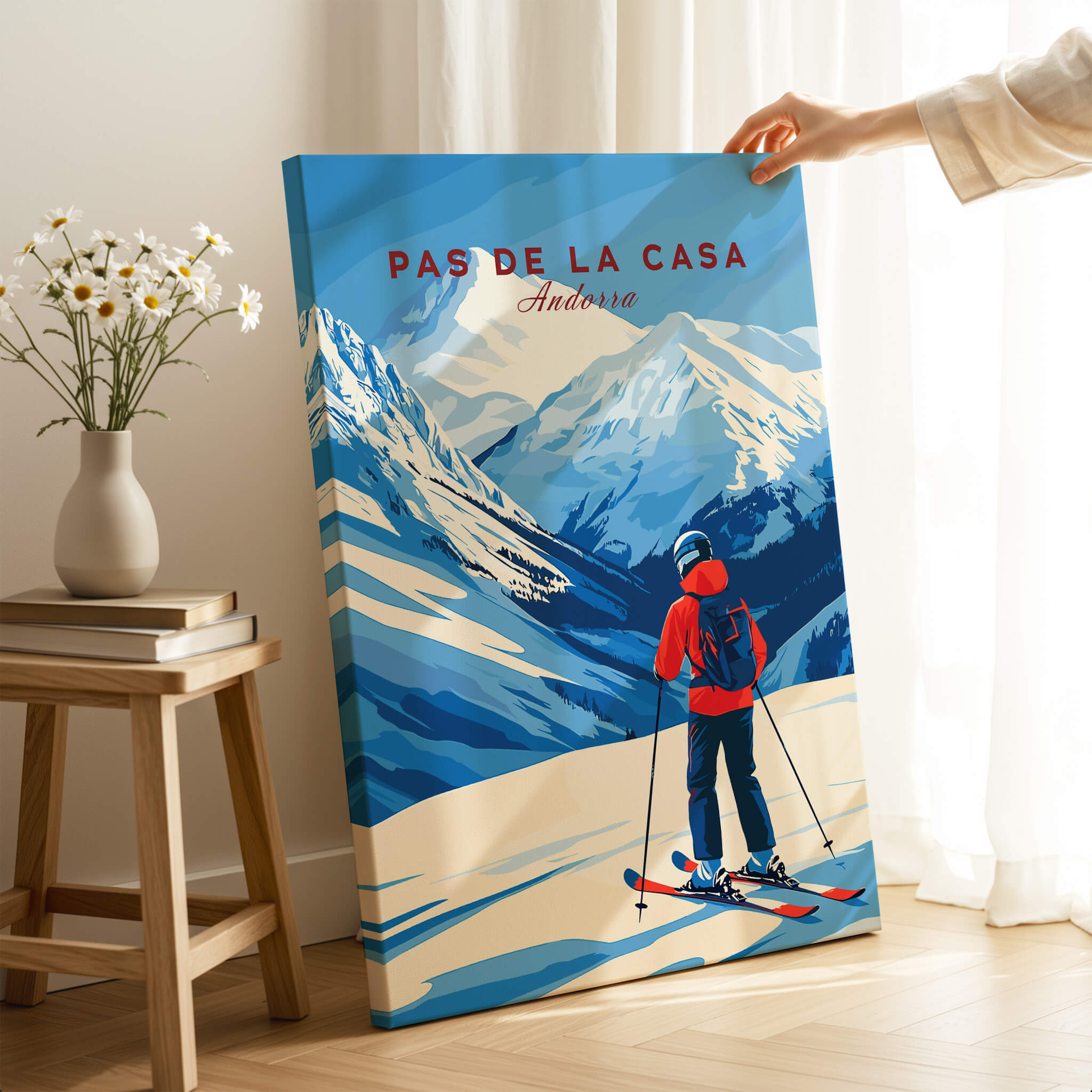 Pas de la Casa Grandvalira Ski Print | Winter Sports Wall Decor featuring a skier on a snowy mountain landscape.