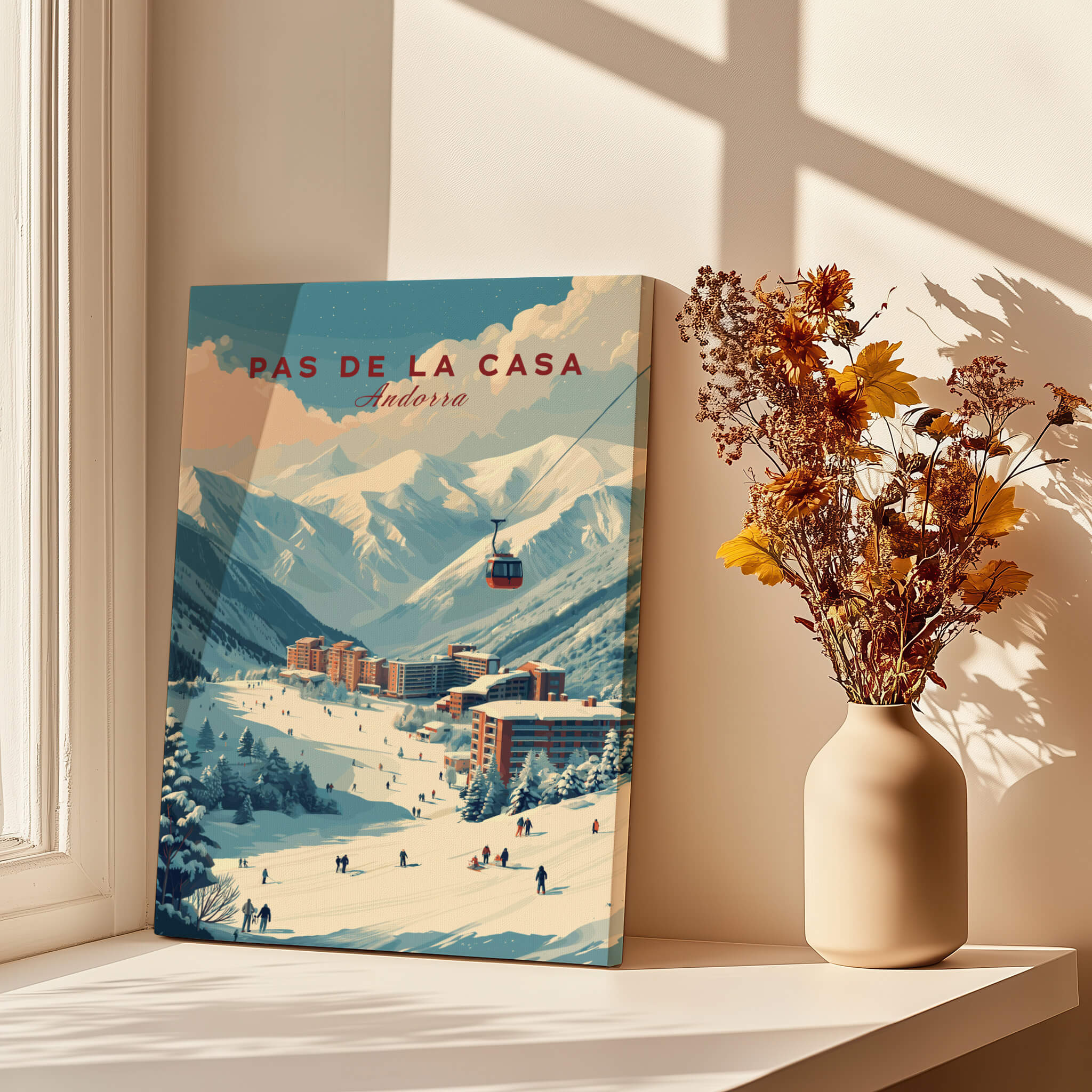 Pas de la Casa Winter Village and Slopes Print | Ski Wall Art displayed in a cozy indoor setting.