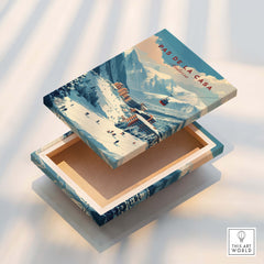 Pas de la Casa Winter Village and Slopes Print | Ski Wall Art displayed on a decorative wooden box.