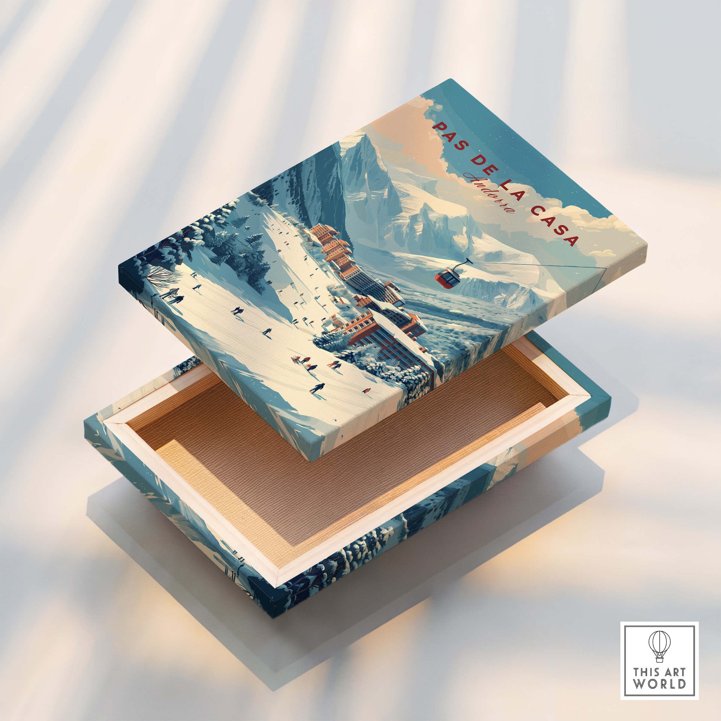 Pas de la Casa Winter Village and Slopes Print | Ski Wall Art displayed on a decorative wooden box.