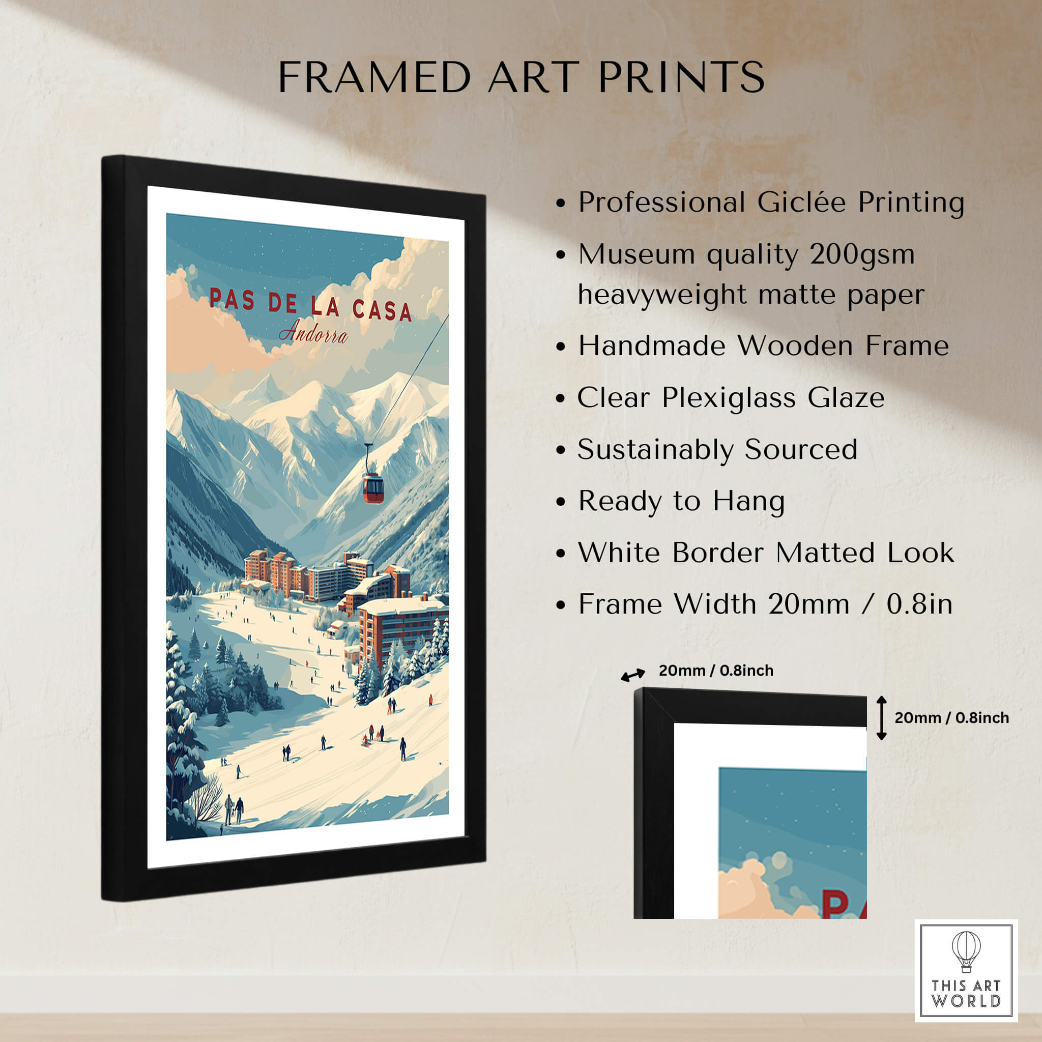 Pas de la Casa Winter Village and Slopes Print | Ski Wall Art framed in a stylish wooden frame, highlighting the scenic ski village.