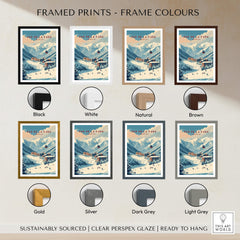 Framed prints of Pas de la Casa Winter Village and Slopes Print | Ski Wall Art in various frame colors.