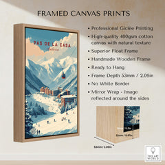 Pas de la Casa Winter Village and Slopes Print | Ski Wall Art showcased in a framed canvas print with wooden frame.