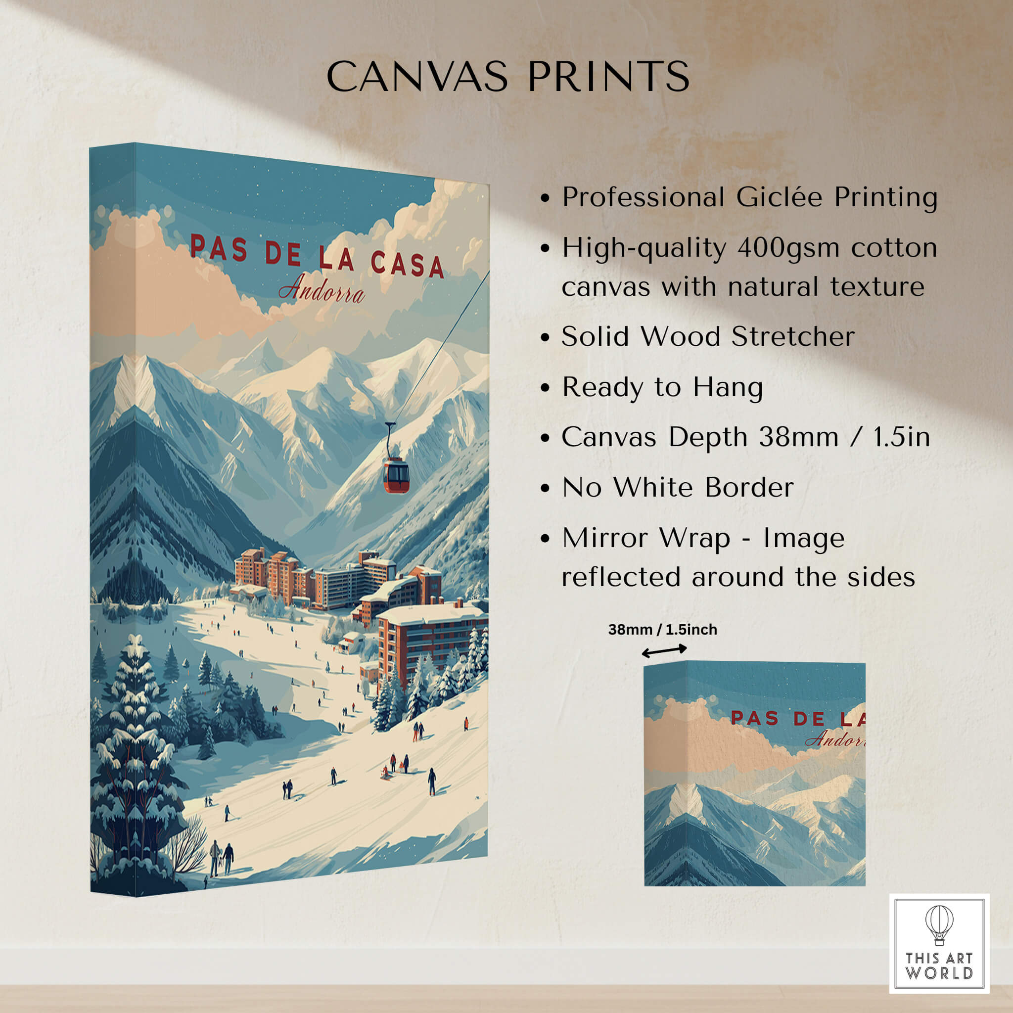 Pas de la Casa Winter Village and Slopes Print | Ski Wall Art features a cozy alpine village and snowy landscapes.