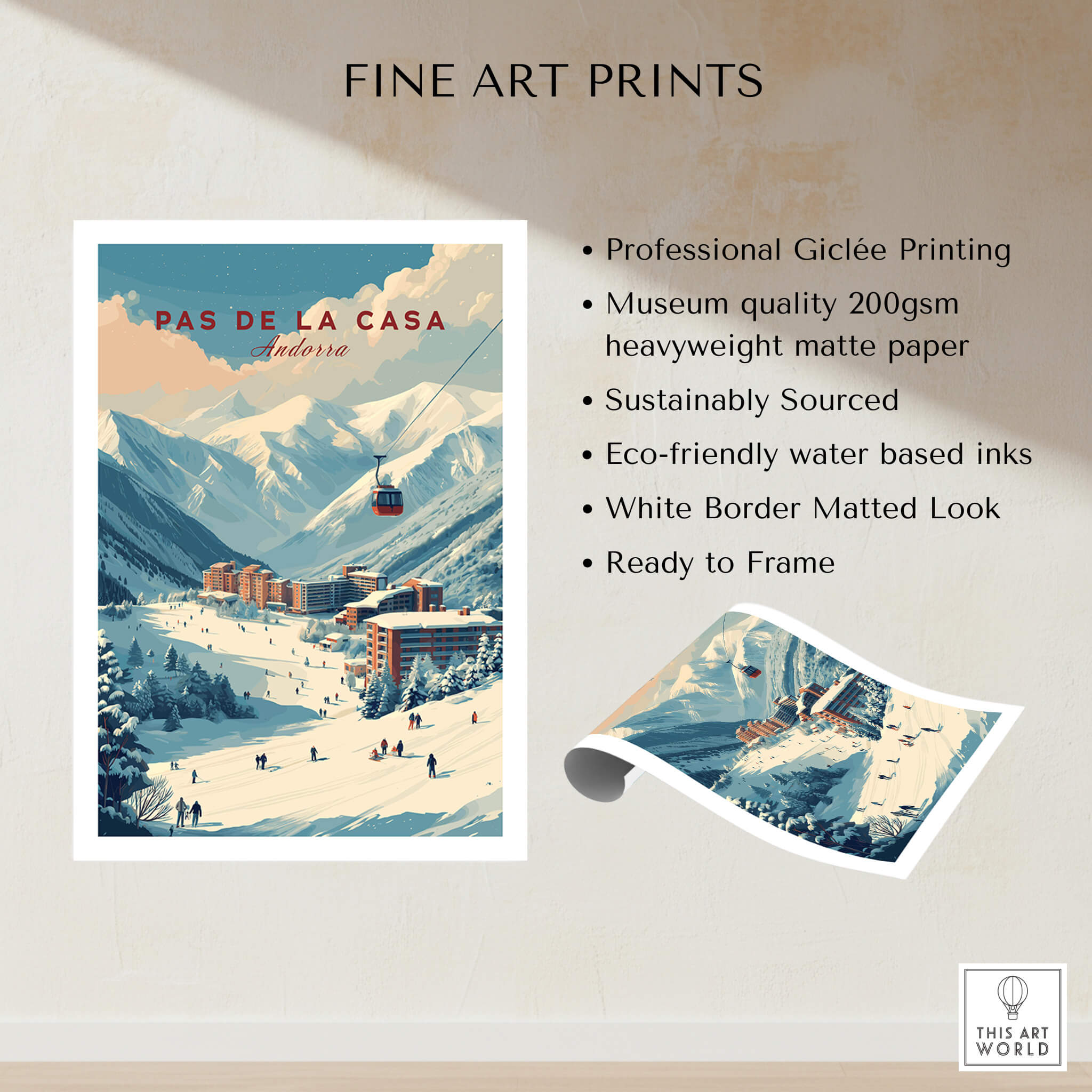 Pas de la Casa Winter Village and Slopes Print | Ski Wall Art showcasing picturesque snowy peaks and ski resort.